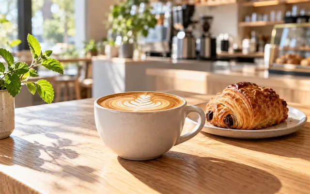 A flat white and a pastry on an oak counter in a sunlit café
